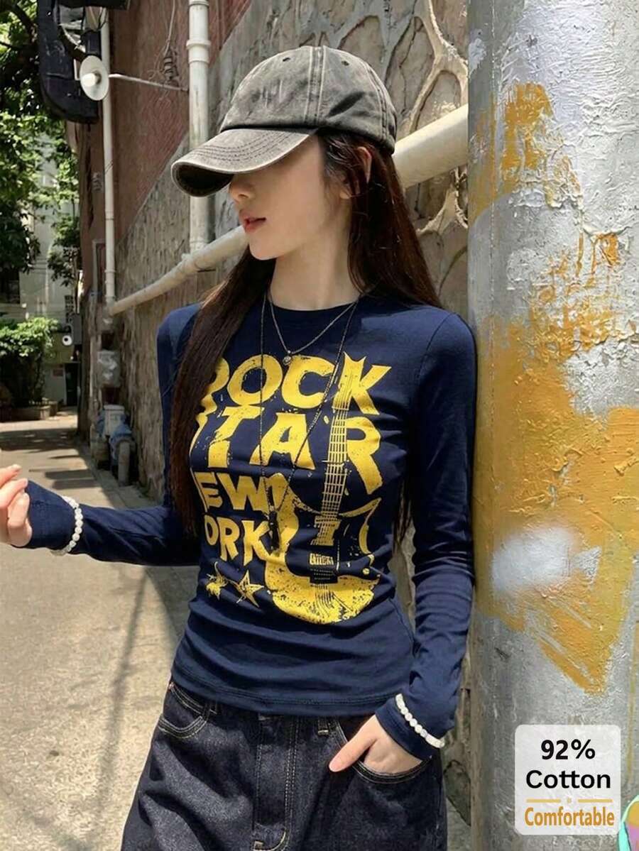 Kaos Lengan Panjang Wanita Katun Murni Motif Huruf Musim Gugur, Atasan Biru Tua Serbaguna, Lapisan Dalam yang Melangsingkan - Angkatan laut - View 1