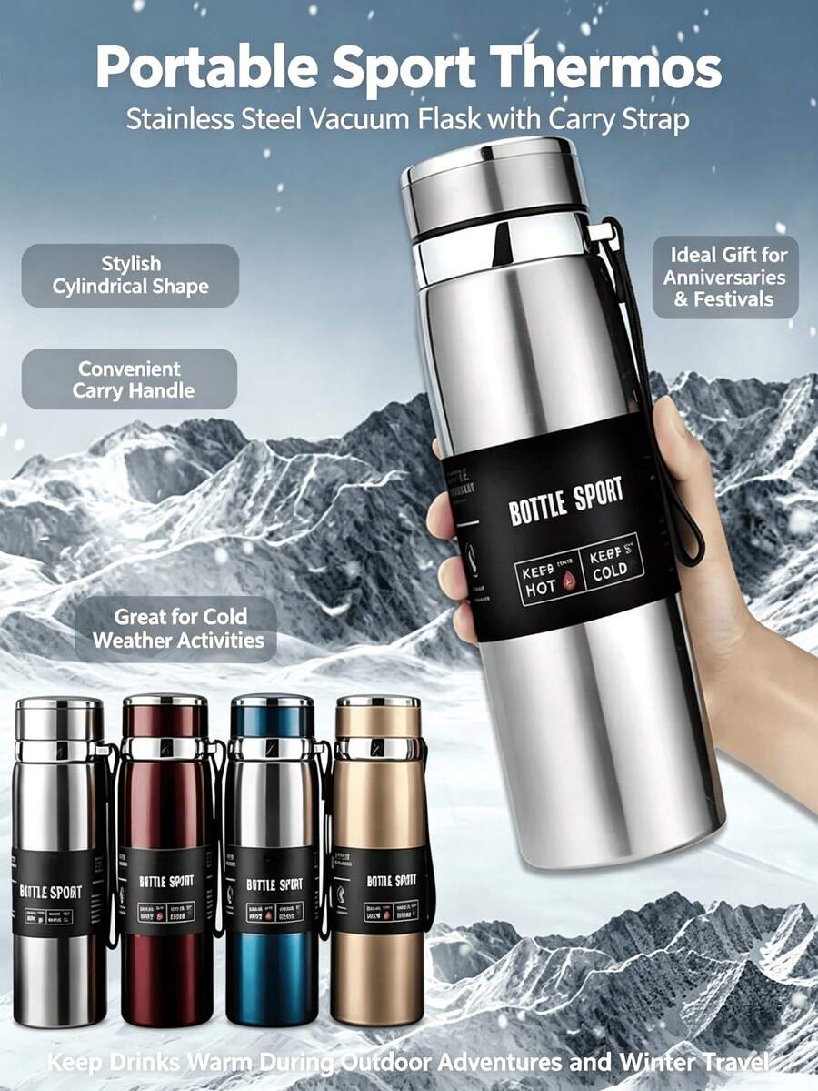 1pc 800/1000ml Large Capacity Portable Stainless Steel Vacuum Insulated Water Bottle, Fashionable Sports Style Multi-Color Cylindrical With Carrying Rope, Suitable For Outdoor Sports Warmth And Cold Protection, Ideal Gift For Anniversary And Holiday - Multicolor - View 1