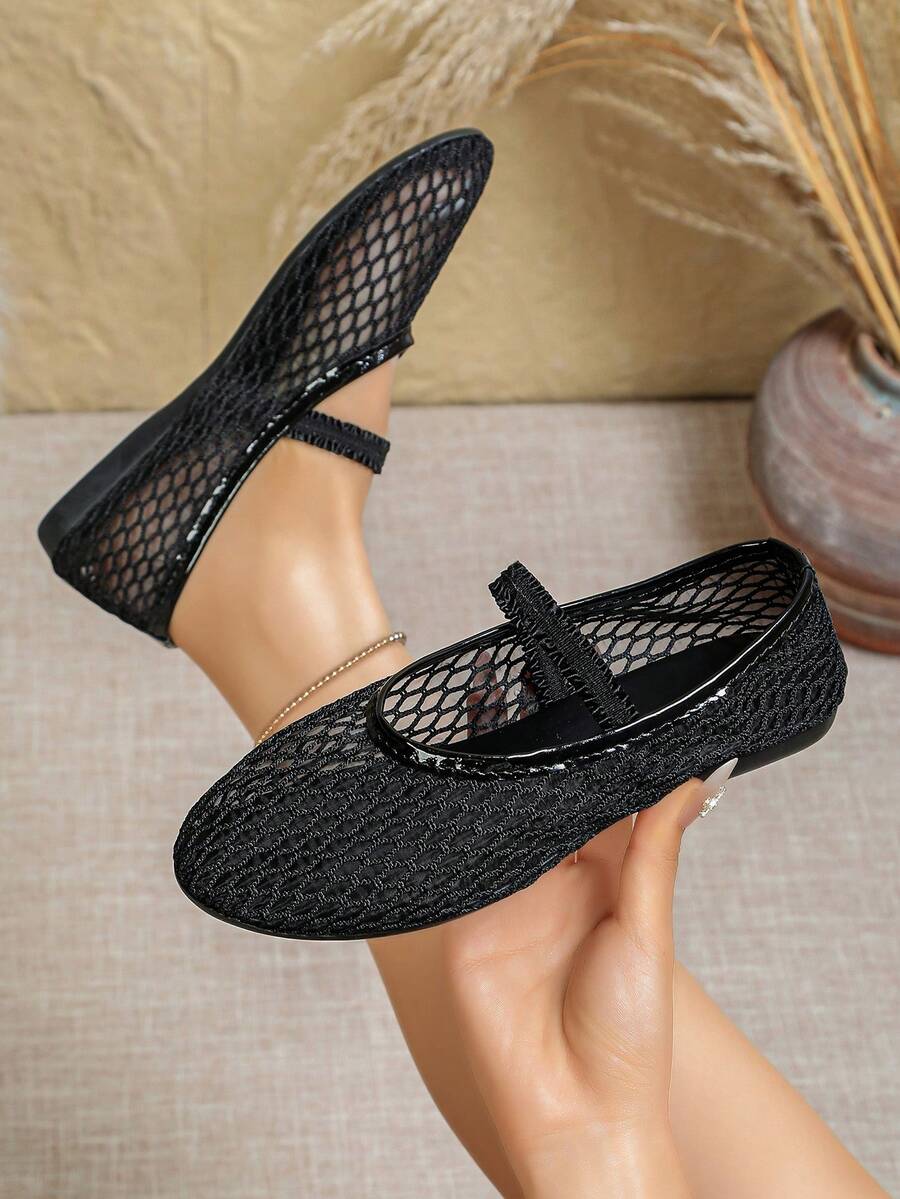 Black Mesh Mary Jane Flats, Hollow Breathable Mesh Upper, Elastic Strap, Minimalist Square Toe, Fresh Summer Women's Slip-On Flat Shoes - Black - View 1