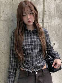 女款韓式度假風格紋鈕扣抽繩綁帶襯衫，百搭 - 黑色 - 查看 2