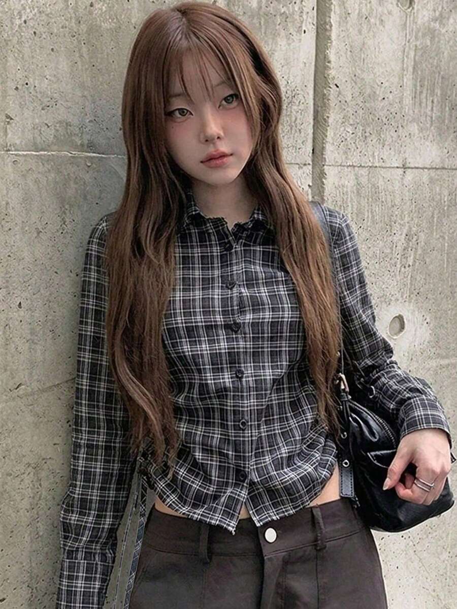 女款韓式度假風格紋鈕扣抽繩綁帶襯衫，百搭