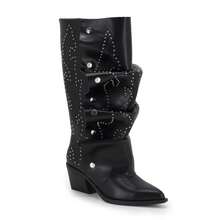 GOGD Sepatu Bot Setinggi Lutut Wanita dengan Bordir, Hak Tebal, Ujung Lancip, Bagian Depan yang Dapat Dilepas, Betis Lebar, Model Longgar - Hitam - View 13