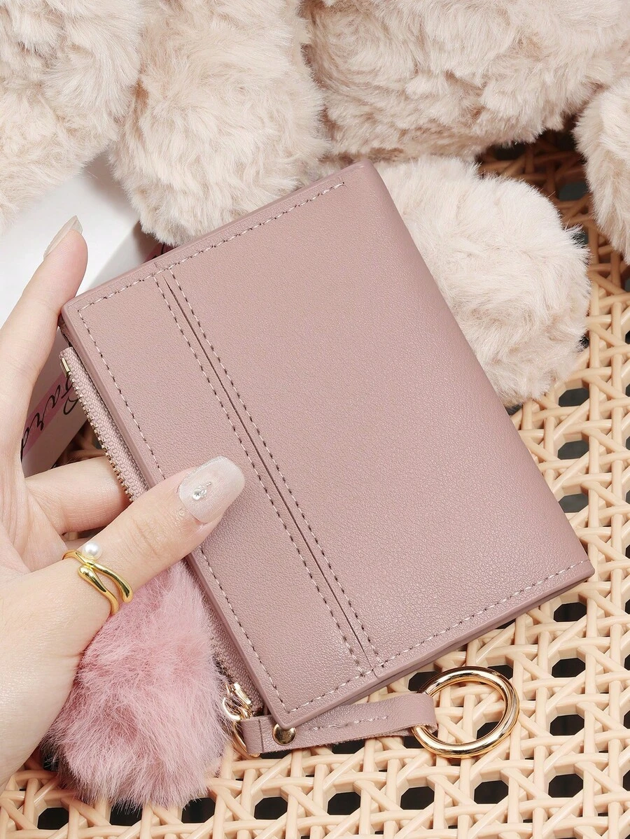 Adorned With A Delicate Pom-Pom, Ladies' Fashion Coin Wallet Zipper Folding Button Short Wallet With Small Wrist Circle Decoration, Daily Commuting