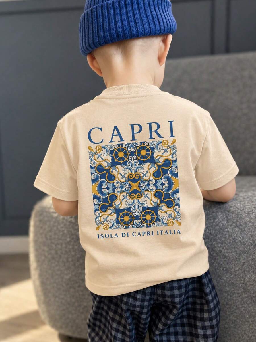 Young Boy Printed Short Sleeve T-Shirt, Student Casual Summer Top For Boys Ready To Play - Apricot - View 1