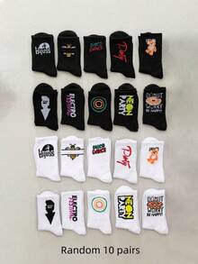 1 Pair/3 Pairs/5 Pairs/10 Pairs Random Pattern Men's All-Season Mid-Calf Socks, Unisex Thin Minimalist Mid-Calf Socks, Spring/Summer Couple Cartoon Socks - Multicolor - View 14