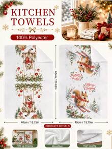 2pcs Christmas Winter Skiing Squirrel & Kitten Pattern Kitchen Towels, Soft Polyester Dish Cloths, Suitable For Kitchen Decor, Kitchen Cleaning, Holiday Party Decoration, Kitchen Bathroom Supplies Home Essentials, Home Decor, Housewarming Gift - Multicolor - View 4