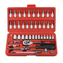 46-teiliges Mechaniker-Werkzeugset, 1/4-Zoll Ratschen-Steckschlüsselset mit Aufbewahrungskoffer, metrische Stecknüsse und Verlängerungen für Autoreparatur und Hausreparatur - Rot - Übersicht 1