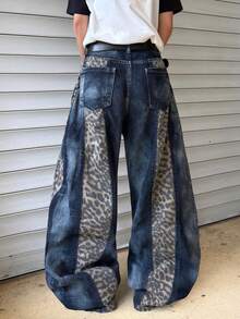 Infinite Jeans 1pc American Street Fashion Men's Patterned Patchwork Leopard Print Denim Jeans Loose Wide Leg Pants Comfortable Versatile All-Season Long Pants (Produk Tidak Termasuk Sabuk dan Aksesoris) - Biru - View 2