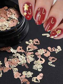 1Box 3D Metal Christmas Nail Art Charms – A Random Assortment Of Cute Designs Including Gold Snowflakes, Gingerbread Men, Christmas Trees, Stockings,Perfect For DIY Nail Decoration And Nail Salon Use. - Gold - View 6