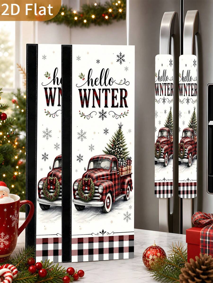 1/2 Pcs Penutup Gagang Kulkas Natal, Truk Pick-up Merah, Kotak-kotak Hitam Putih Merah, Motif Pohon Natal, dengan Pengikat Hook & Loop, Cocok untuk Kulkas, Oven, Microwave, Mesin Cuci Piring, Dekorasi Dapur Libur Natal - View 1
