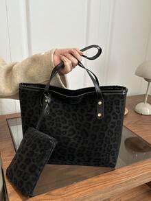 2pcs Leopard Print Handbag Set With Double Handles, Fashion Design, Suitable For Business Casual, Commuting, Back To School And Vacation Travel. Women's Tote Bag, Black Bag - Black - View 3