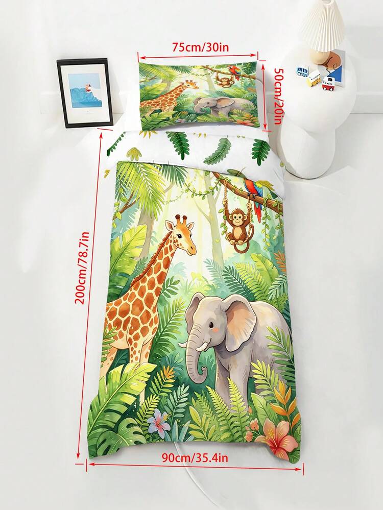 Set Sarung Selimut Anak 2 Potong Tema Safari Hutan, Motif Kartun Jerapah Gajah Monyet Burung Kakaktua Daun Hutan Tropis, Set Tempat Tidur Balita untuk Anak Laki-laki dan Perempuan - MultiWarna - View 12