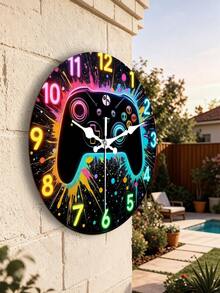 1pc Neon-Lit Game Controller Wall Clock - With Colorful Splashes Retro Gaming Decor - Suitable For Living Room, Bedroom, Office- Gamer Cave Gift, Wood Material Round Clock, 2D Flat - Multicolor - View 3