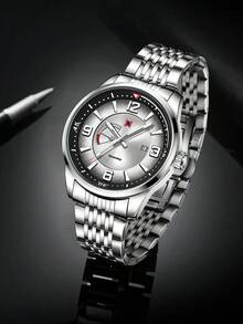 NSNEVER STOP NS Round Steel Band Business Casual Quartz Men's Wrist Watch With Rotating Crown, Folding Clasp, Suitable For Daily Commute, Multiple Festivals, Gift Box Watch - White - View 3