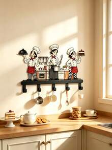Cartoon Chef Figurine Wall Hook Rack Metal Wall‑Mount Hanger Whimsical For Mugs Utensils Spoons Cups Decorative Storage Organizer For Kitchen Counter Home Wall Decor - Black - View 6