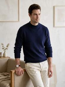 Men's Stand Collar Long Sleeve Solid Color Minimalist Casual Lightweight Knit Sweater, Autumn/Winter - Navy Blue - View 6