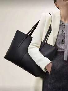 1pc PU Large Capacity Handbag Shoulder Tote Bag, PU Material, Large Capacity, Folded Shipping - Black - View 3