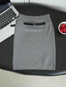 American Style Niche Design Asymmetric Buckle Belt Knit Bodycon Mini Skirt, Grey Elastic Tight Bodycon Skirt For Women - Grey - View 6