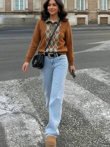 Women's Argyle Pattern 2 In 1 Collar Knit Sweater, Long Sleeve Button Placket Preppy Pullover - Brown - View 10