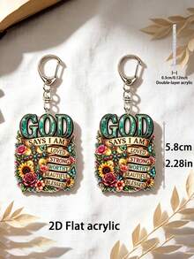 2D Flat "God Said I Am" Floral Cross Acrylic Keychain, Christian Religious Pendant Key Chain, Inspirational Faith Bag Charm, Holiday Birthday Gift For Believer Friends - Multicolor - View 2