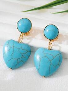 1Pair Fashionable Oval Turquoise Ear Clips, Geometric Personalized Clip On Earrings For Women No Pierced Ears - Turquoise - View 10