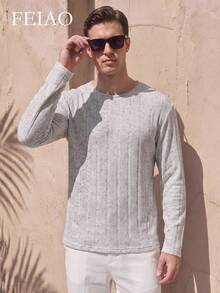 FEIAO Men's Vintage "Old Money Style" Heather Gray Linen Fabric Crew Neck Long Sleeve Casual T-Shirt, All-Season Versatile - Light Grey - View 5