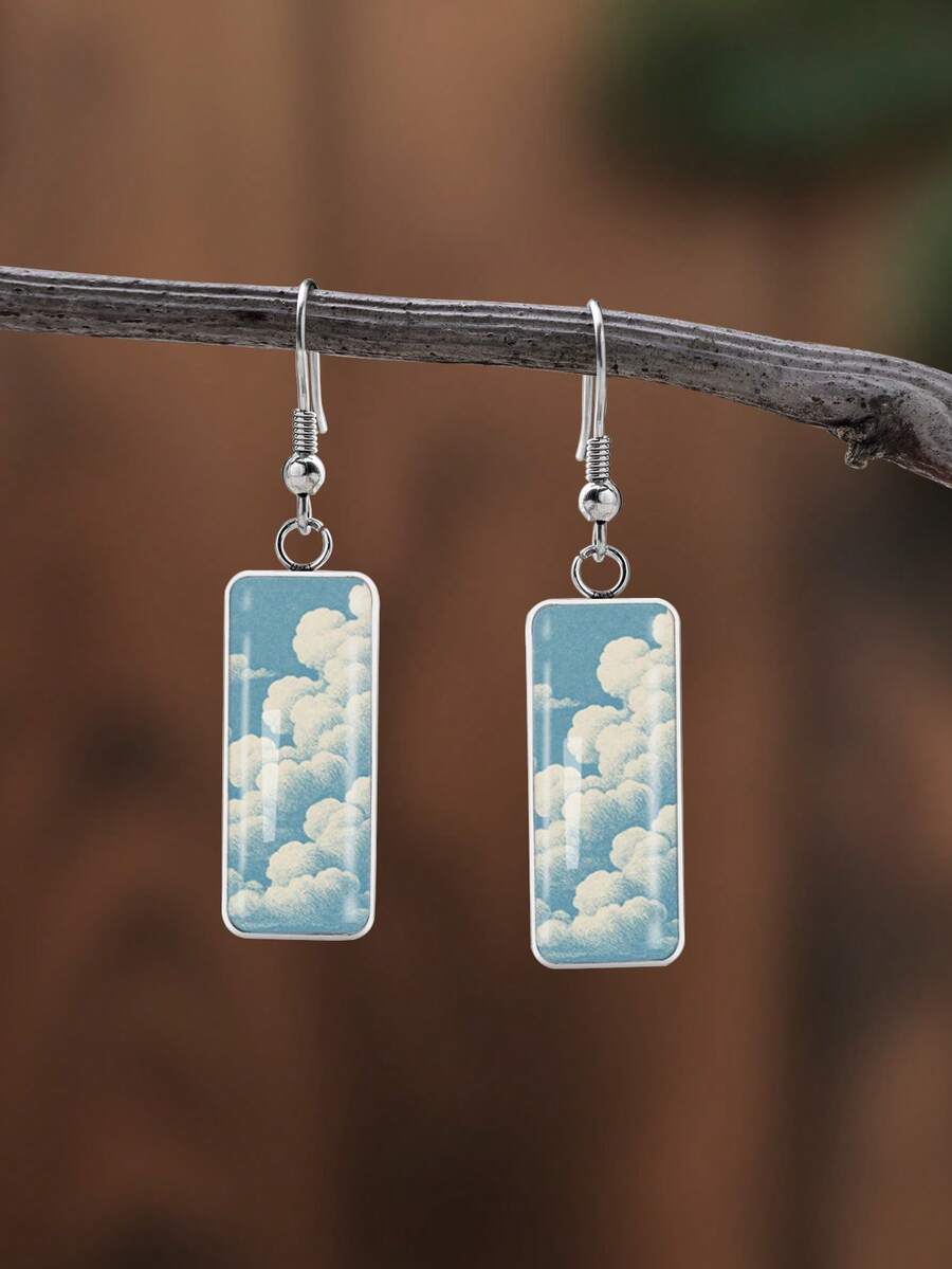 YUJUGLOW 1 Pair Healing Cartoon Style Clear Sky & Cloud Pattern 316 Stainless Steel Long Bar Earrings, Suitable For Women's Daily Wear - Baby Blue - View 1