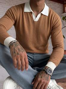 ALTZTAR Men's Patchwork Seagull Collar Long Sleeve Ribbed Knit Sweater - Brown - View 1