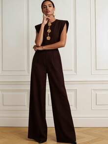 Casual Elegant Minimalist Solid Color Woven Fabric Front Button Zipper Pocket Jumpsuit, Suitable For Office Wear Spring/Summer - Burgundy - View 1