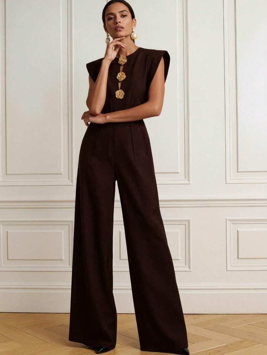 Casual Elegant Minimalist Solid Color Woven Fabric Front Button Zipper Pocket Jumpsuit, Suitable For Office Wear Spring/Summer - Burgundy - View 1