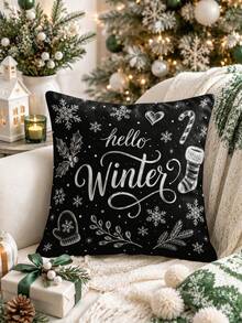 Christmas Table Runner, Placemat, Throw Pillow, Rustic Chalkboard Style Black Background White Text "Hello Winter" Christmas, Snowflake Holly Gloves Candy Cane Sock Pattern, Home Sofa Bedroom Holiday Decor - Multicolor - View 3