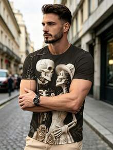 Fashionable Men's Crew Neck T-Shirt, Skull Skeleton Graphic, Versatile Short Sleeve Top - Multicolor - View 3