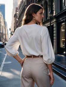 Women Casual Deep V Neck Top Puff Half Sleeve For Fall Winter Daily Commuting Going Out Dating - White - View 2