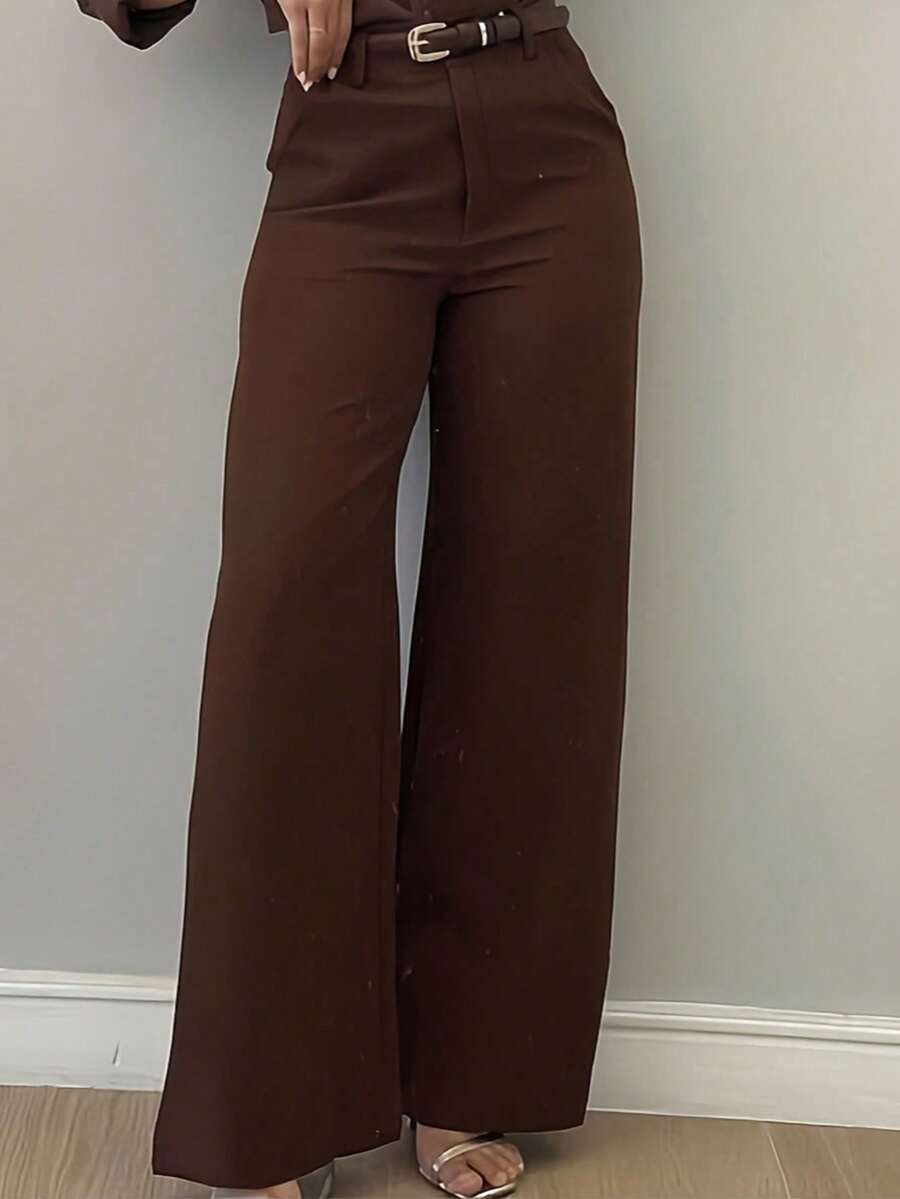 Women's Minimalist Design Flared Leg Casual Trousers, Suitable For Commuting, Office, Daily Wear, All Seasons Spring Fall - Brown - View 1