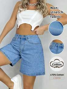 Women's Solid Color Bermuda Denim Shorts, Simple And Fashionable, Suitable For Summer Casual Wear - Medium Wash - View 2