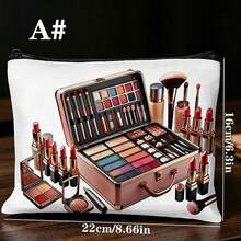 A Standalone Makeup Bag With Flat 2D Design, White Base And Exquisite Pattern Including Images Of Makeup Brushes, Lipstick And Eyeshadow Palette. Equipped With Zipper Closure, Ideal For Travel Cosmetic Storage, Excellent - Multicolor - View 2