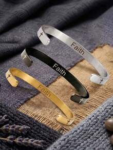 1pc Personalized Versatile Unisex Laser Engraved "GOD IS IN CONTROL" Stainless Steel Open Adjustable Faith Bracelet For Men And Women - Gold - View 5