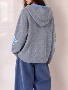 Women's Casual Autumn/Winter Hooded Cardigan Jacket With Five-Point Star Pattern - Grey - View 2