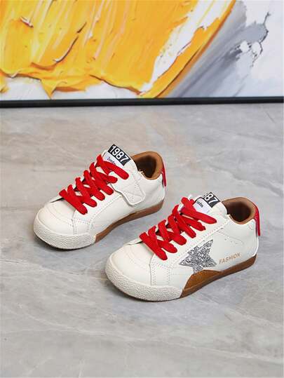 1 Pair Kids Red Glitter Vintage Retro Training White Sneakers PU Leather Upper Breathable Flat Sole Slip-Resistant Sports Shoes Versatile Fashion Outdoor Casual Running Shoes Suitable For Travel Vacation All Season Wear School Shoes Basketball Shoes Campus Shoes Party