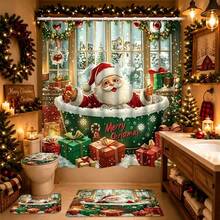 1/4pcs Merry Christmas Winter Shower Curtain Set, Cute Santa Claus, Snowman, Christmas Tree, Snowy Landscape, Snowflake Pattern, Happy New Year Holiday Bathroom Curtain Set, Polyester Fabric, With Hooks, 70.8*70.8 Inches - A - View 16