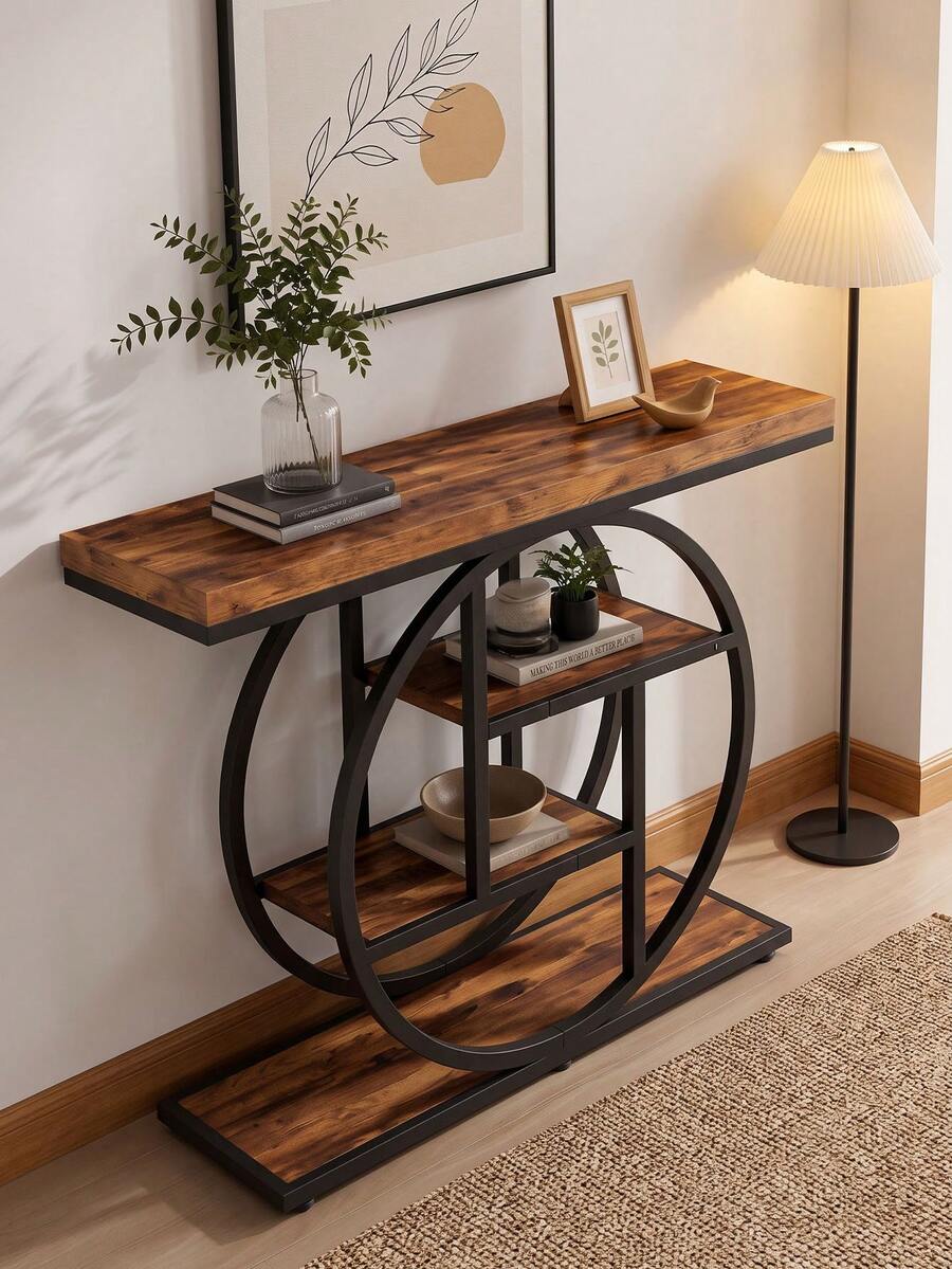 Industrial Style Entryway Table, Console Table, Industrial Style Four-Tier Sofa Table, Round Base, Narrow Wooden Side Table, With Storage Shelves, Suitable For Living Room, Hallway, Foyer, Retro Brown.