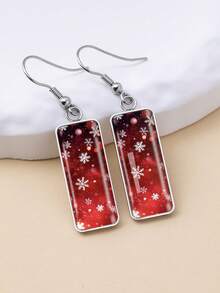 YUJUGLOW 1 Pair Christmas Red Background Falling Snowflake & Light Spot Pattern 316 Stainless Steel Water Drop Earrings, Suitable For Women's Daily Wear - Red - View 6