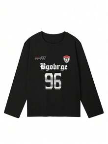 Women's Fashion Autumn/Winter Loose Minimalist Versatile Letter Print Long Sleeve T-Shirt - Black - View 6