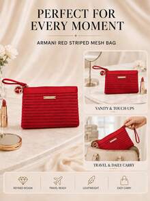 Giorgio Armani Armani Red Striped Mesh Bag, 16*11.5cm, Single Piece, Lightweight With Wrist Strap, Daily Use, Storage For Small Makeup Items - Red - View 9
