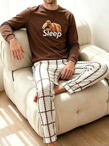 Men's 2 Pieces Pajama Set, Round Neck Long Sleeve Top With Bear & Letter Print, Plaid Long Pants, Fun Retro Casual Comfortable Loungewear - Multicolor - View 1