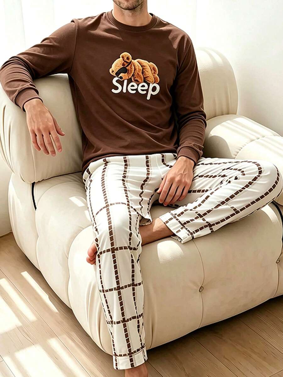 Men's 2 Pieces Pajama Set, Round Neck Long Sleeve Top With Bear & Letter Print, Plaid Long Pants, Fun Retro Casual Comfortable Loungewear - Multicolor - View 1