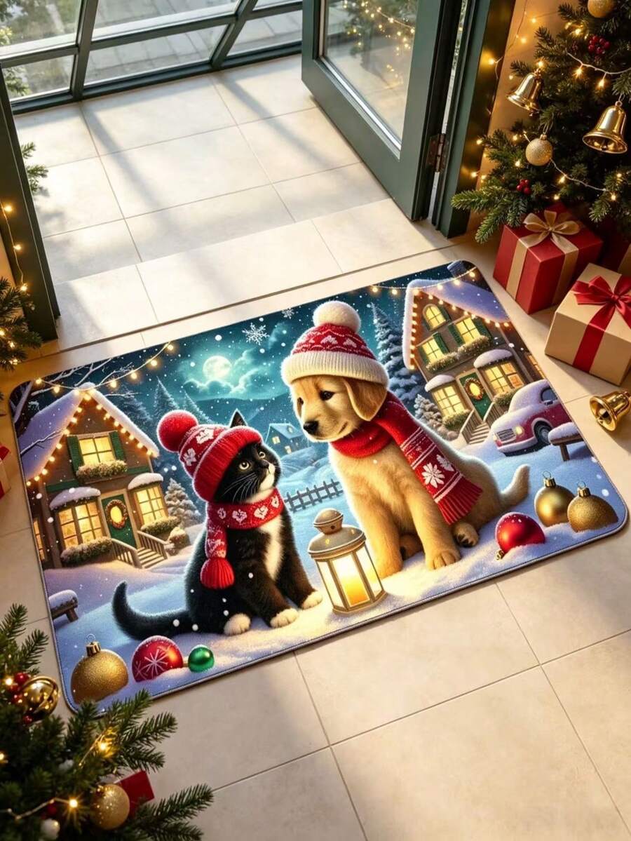 1pc Cat & Dog Wearing Red Hat And Scarf Healing Style Carpet, Doormat, Small Rug, Welcome Mat, Carpet, Floor Mat, Outdoor Doormat, Kitchen Rug, Home Decor, Front Door Mat, Area Rug, Outdoor Mat, Home Decor, Area Carpet, Garden Rug, Washable Carpet - Multicolor - View 1