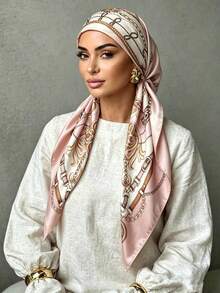 1pc Pre-Sewn Elastic Lining Satin Silk Scarf, Women's Chain Pattern One ...