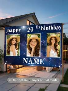 1pc Customizable Photo Name Age Blue Glitter Happy Birthday Backdrop, Blue Purple Glitter Starry Sky Personalized Birthday Background Decoration Design, Suitable For Cake Table Background Decoration Photography Banner Vinyl Material - Blue - View 5