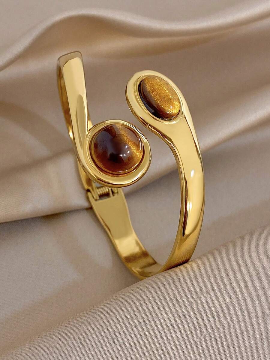 1pc Vintage Double Head Tiger Eye Stone Bangle Bracelet For Women Stainless Steel Golden Bangle Bracelet For Party Birthday Christmas Jewelry Gifts - Multicolor - View 1